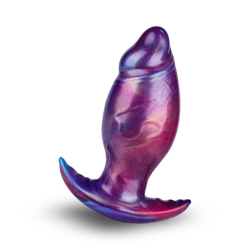Purple and blue silicone butt plug on a white background
