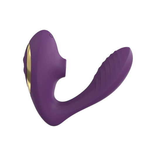 Purple wearable dual vibrator with gold band on a transparent background