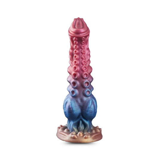 Colorful octopus-like fantasy dildo on white background