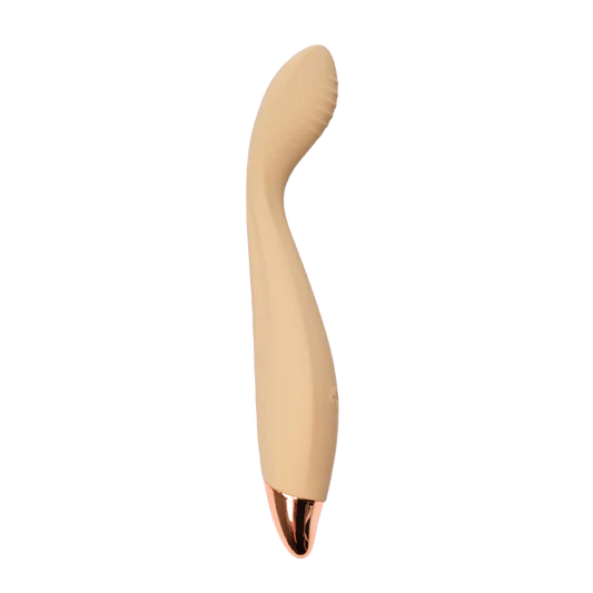 Beige and rose gold curved vibrator on a white background