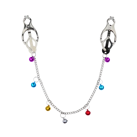 Metallic nipple clips connected by a chain with colorful beads on a white background
