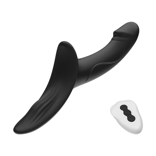 Black curved strap-on dildo with a white remote control on a transparent background