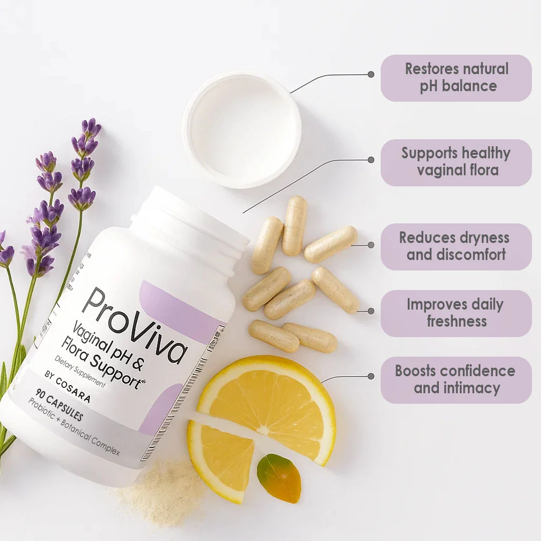 ProViva vaginal pH & flora support product with capsules, lemon, and lavender