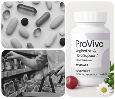 Collage of ProViva vaginal pH & flora support supplement with grocery store scene and pill images.