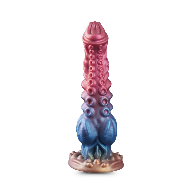 Colorful octopus-like fantasy dildo on white background