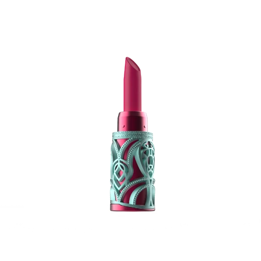 Pink lipstick-inspired clit sucker vibrator with decorative case on a white background