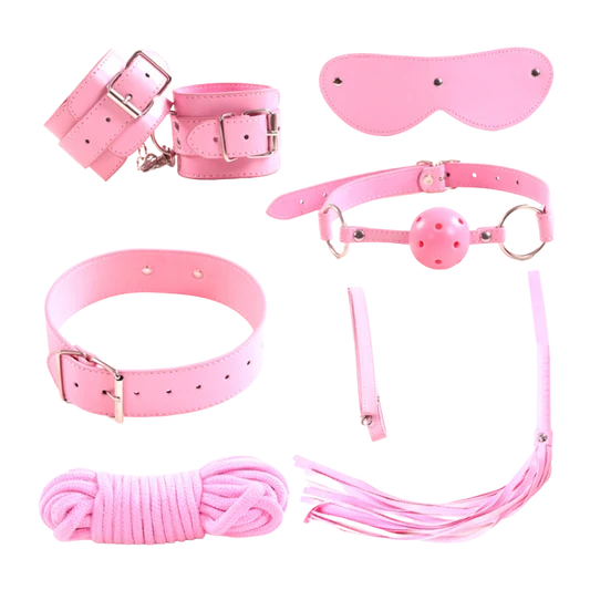 Collection of pink bondage accessories including a collar, leash, and blindfold on a white background.