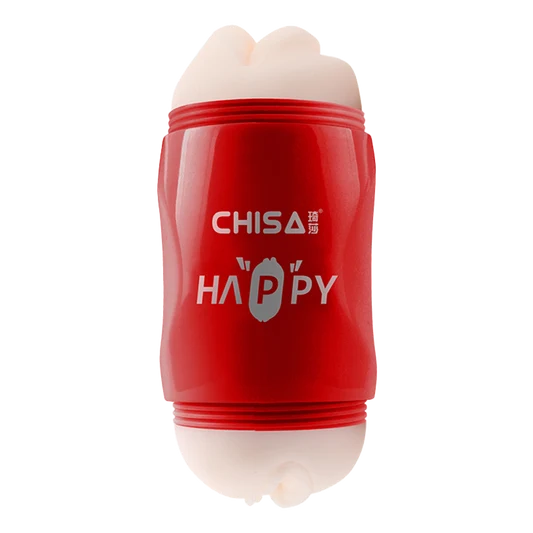 Red dual-ended male masturbator with 'CHISA HAPPY' text on a white background