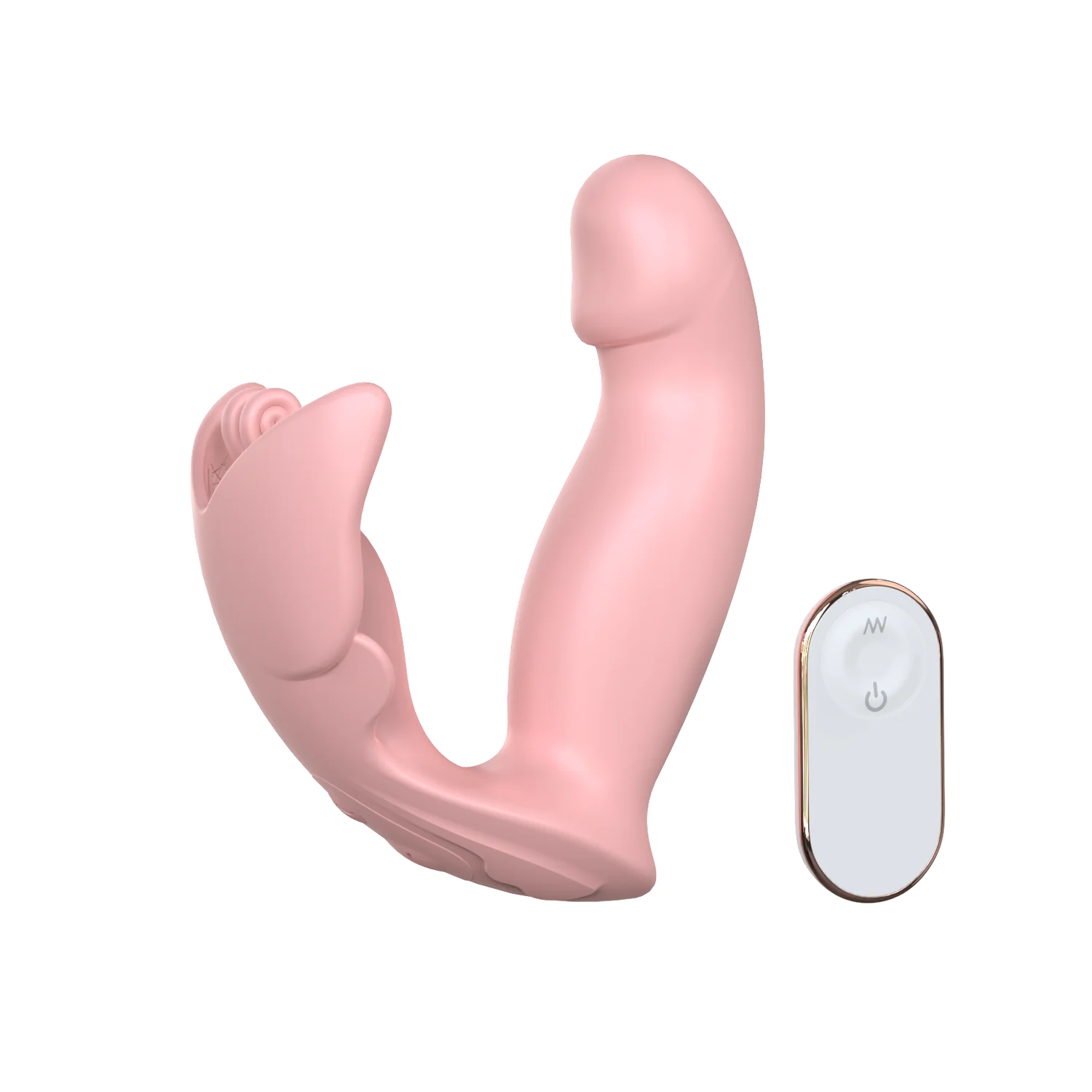 Butterfly-inspired dual vibrator with a white remote control on transparent background