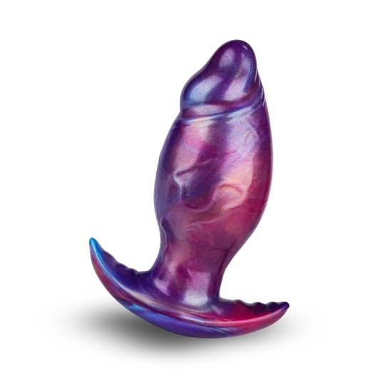 Purple and blue silicone butt plug on a white background