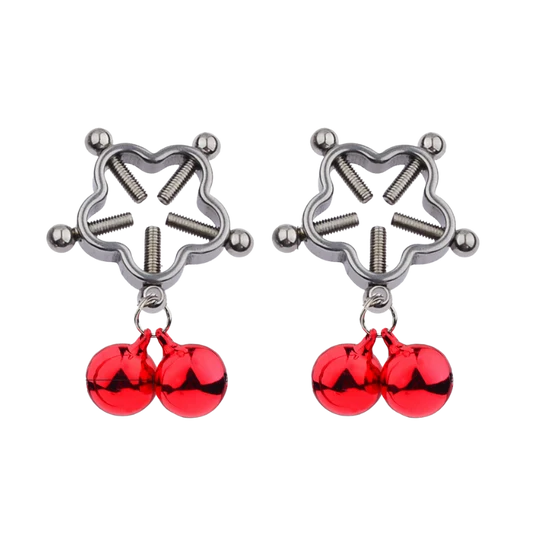 Two star-shaped nipple clips with rounded corners and attached two red bells each