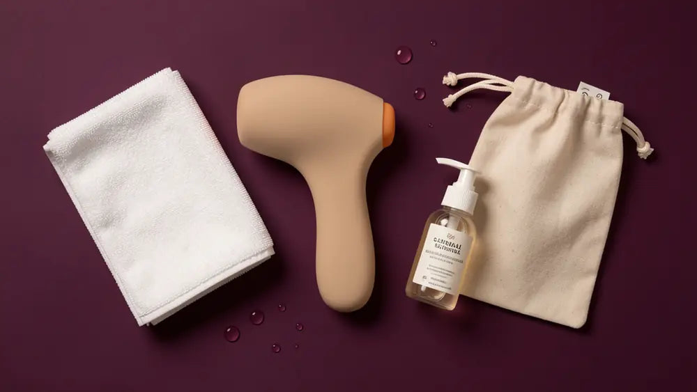 Premium flat lay of a silicone personal massager, mild soap, white cleaning cloth and storage pouch on a dark plum background