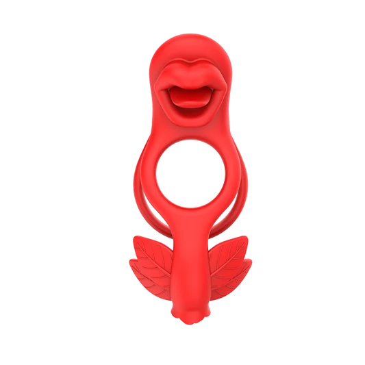Red silicone couple's vibrator with a cock ring and a clit-stimulator on white background