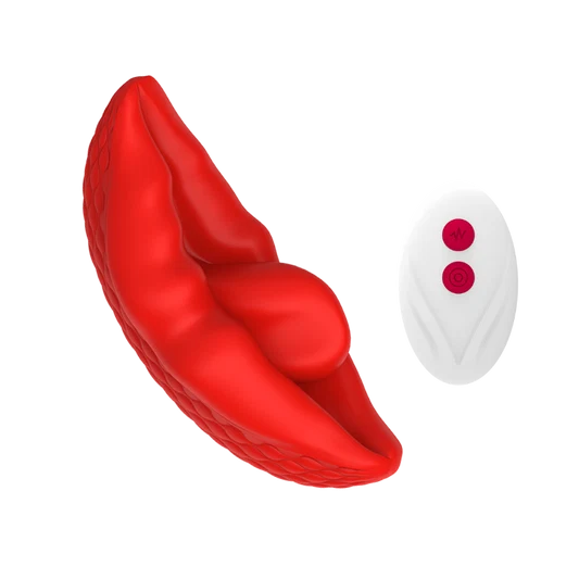 Red lip-shaped with a tongue vibrator with a white remote control on a white background
