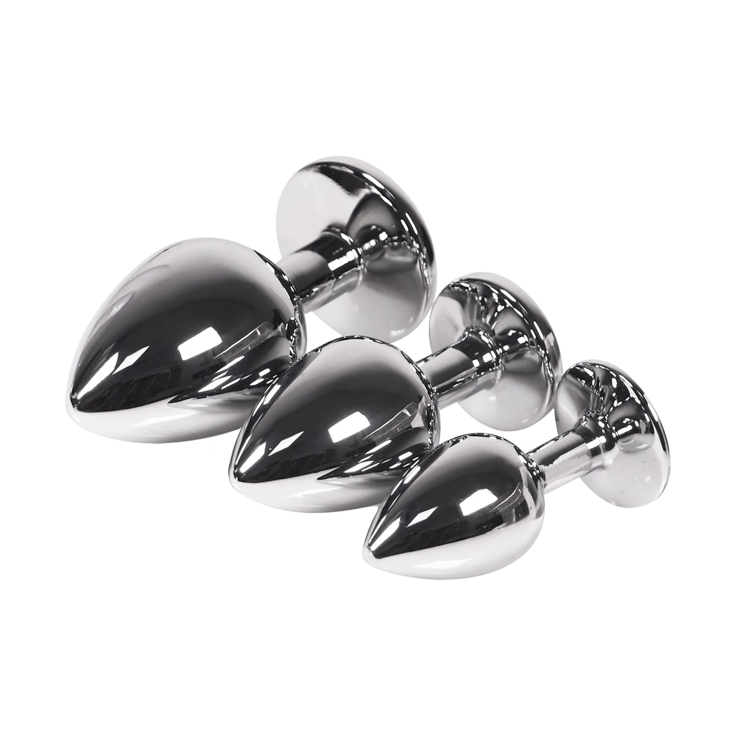 Set of silver butt plugs in three sizes on a transparent background