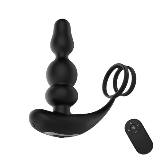 Black prostate massager connected to a cock ring with remote control on a white background