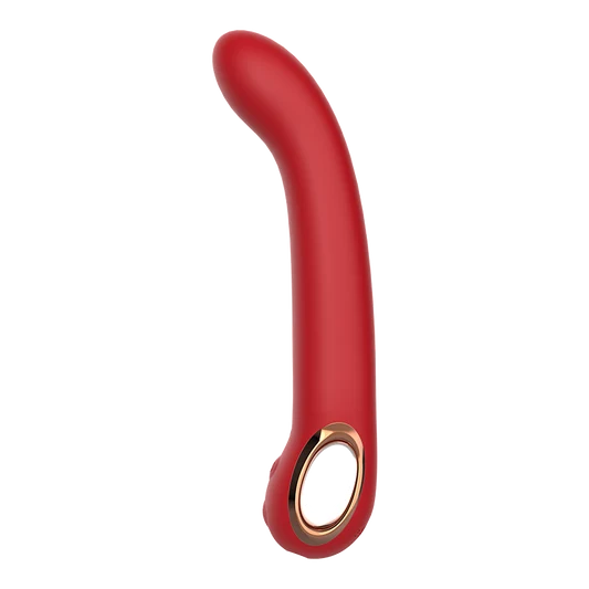 Red curved vibrator with gold accent handle on a white background