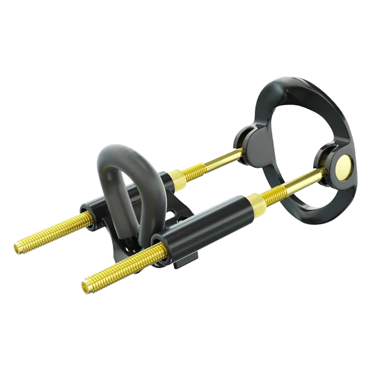 Black and yellow penis extender tool on transparent background