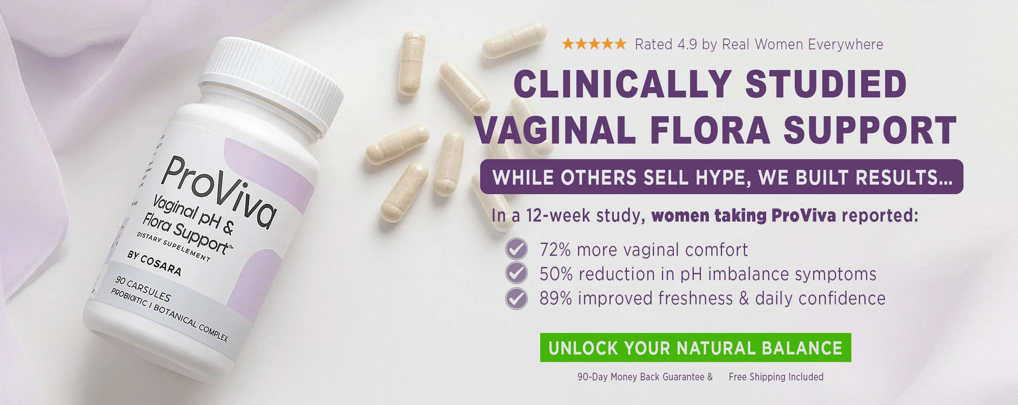 ProViva vaginal pH & flora support product with text on a light background