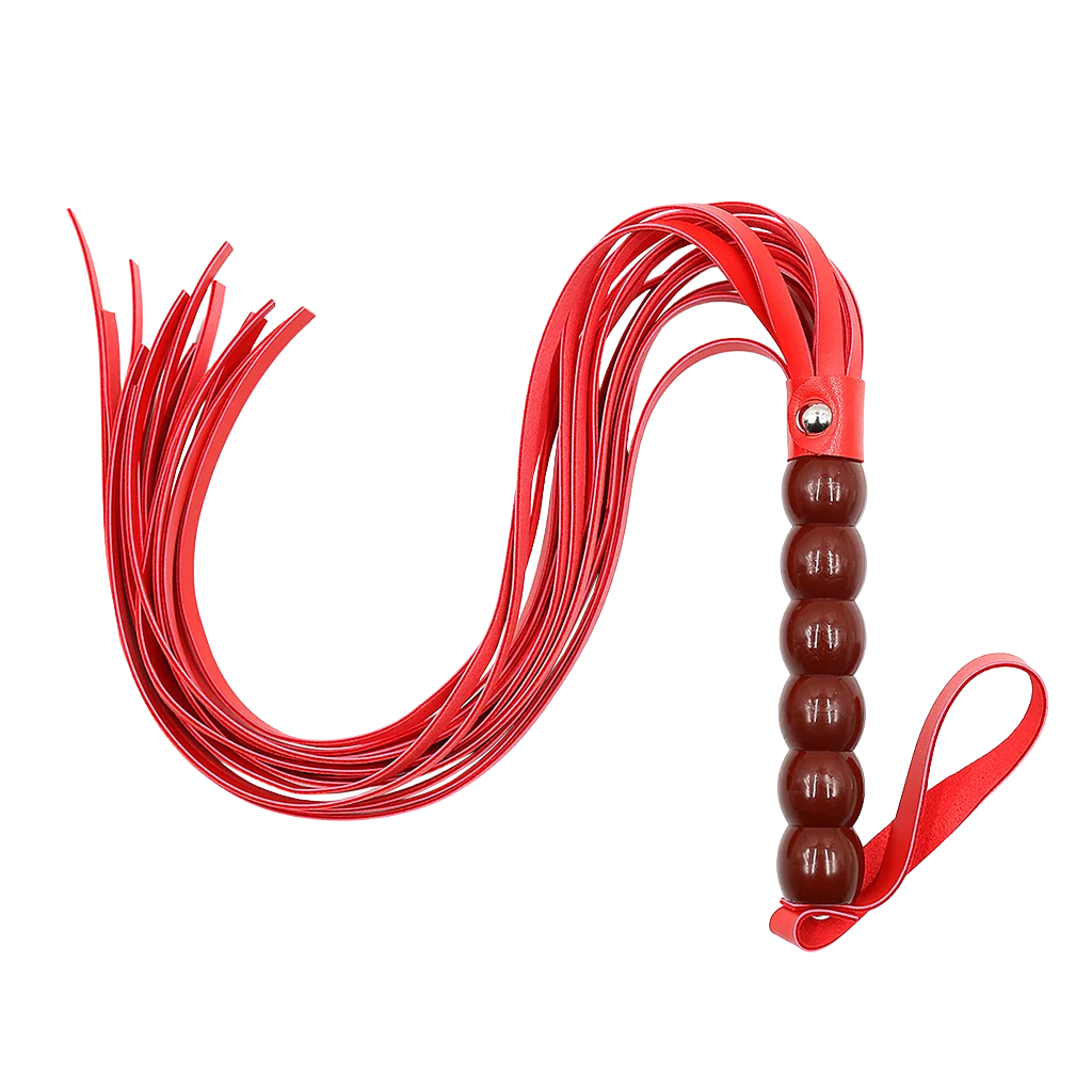 Red leather whip with glossy beaded handle on a white background