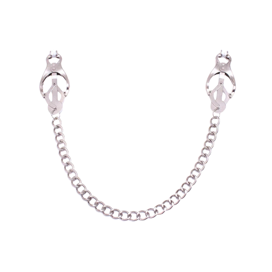 Silver nipple clips connected by a chain on transparent background