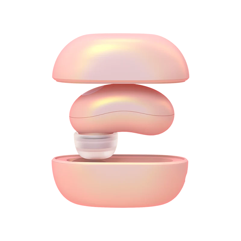 Baby pink clit sucking vibrator inside a charging case on a transparent background