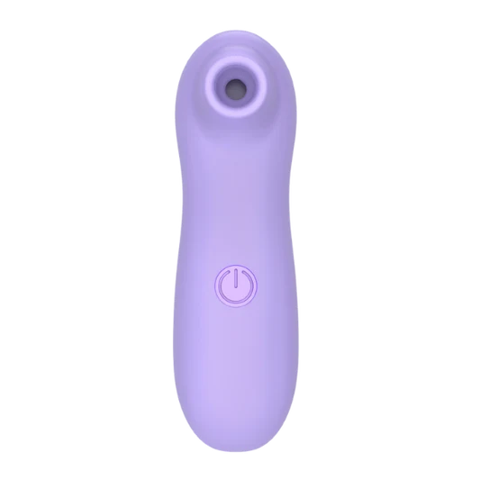 Purple clit-sucking vibrator with a power symbol on a white background