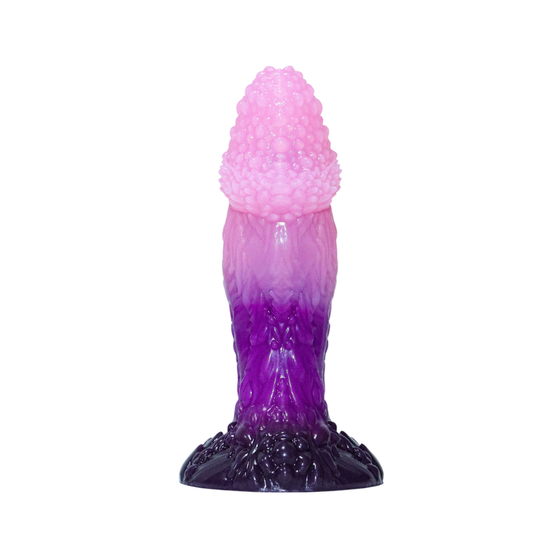 Purple and pink silicone textured dildo on a white background