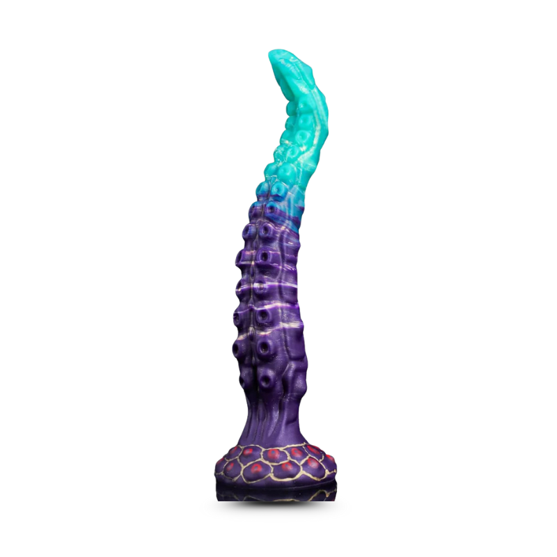 Blue and purple tentacle-like curved dildo on a transparent background