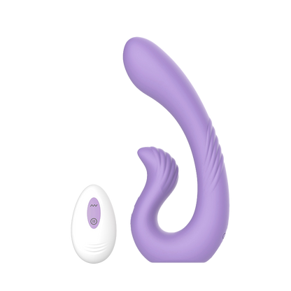 Purple curved silicone dual vibrator with a white remote control on transparent backgroud