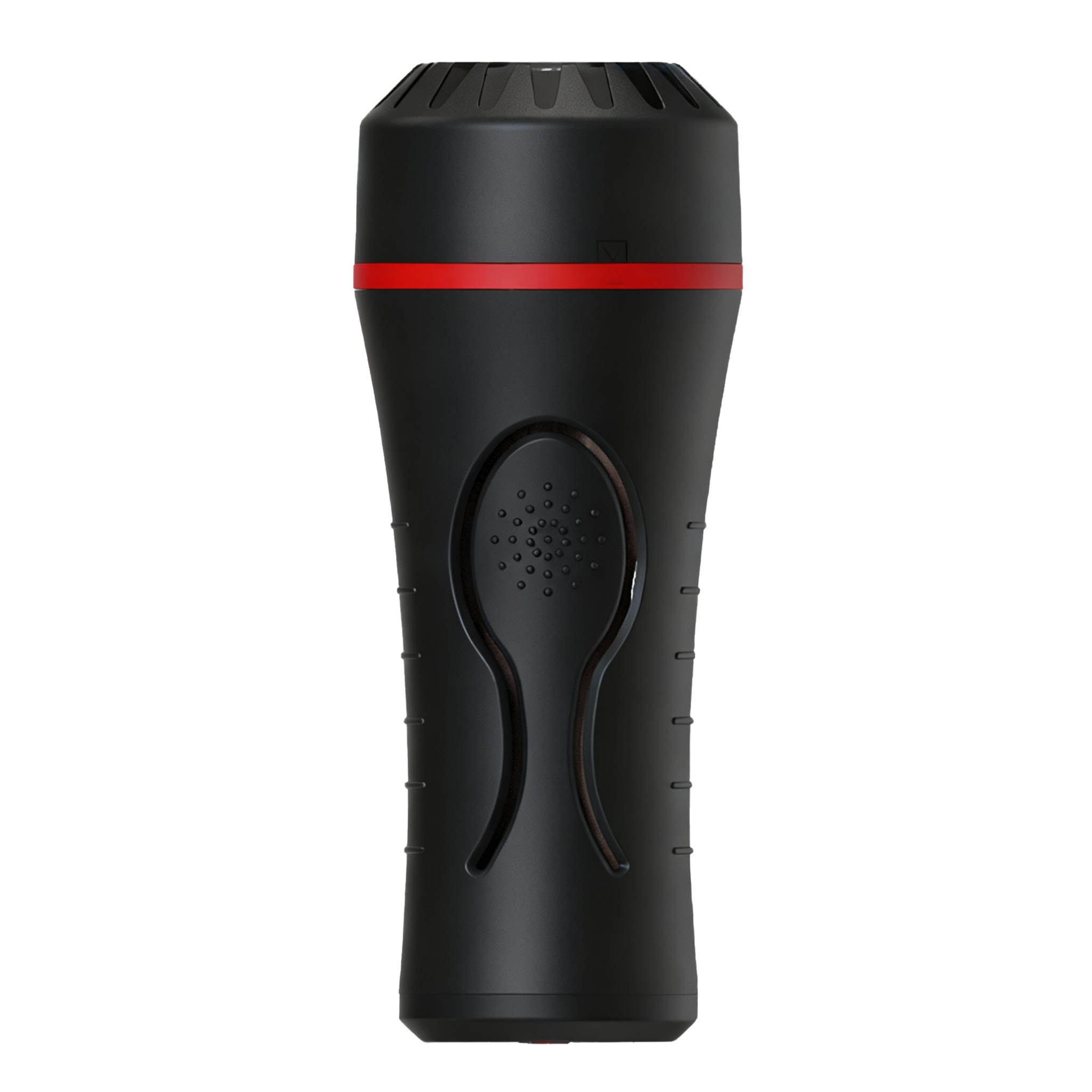 Black handheld flashlight-like male masturbator with a red stripe on a white background