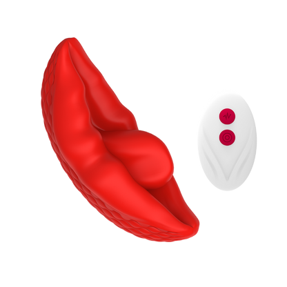 Red lip-shaped with a tongue vibrator with a white remote control on a white background