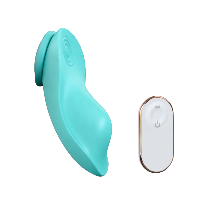 Turquoise wearable vibrator with a white remote control on a white background