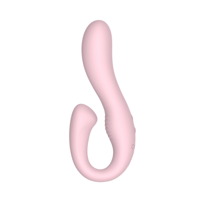 Pink silicone dual vibrator on a white background
