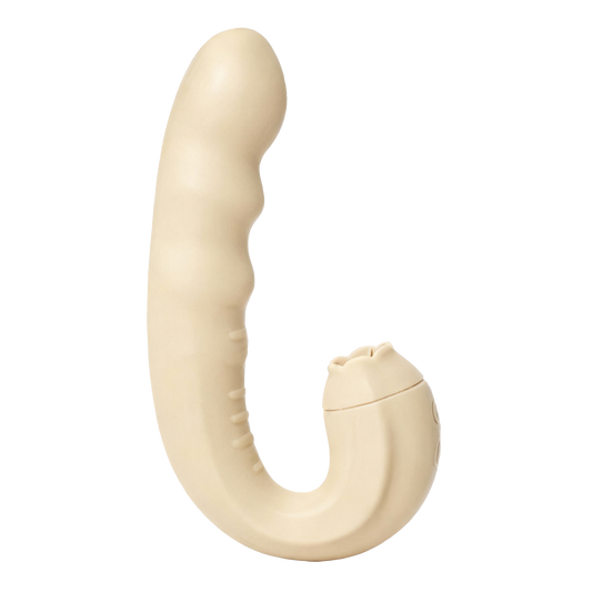 Beige curved dual-mode vibrator on a white background