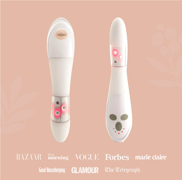 Cosara device on a pink background, featuring various media outlets.